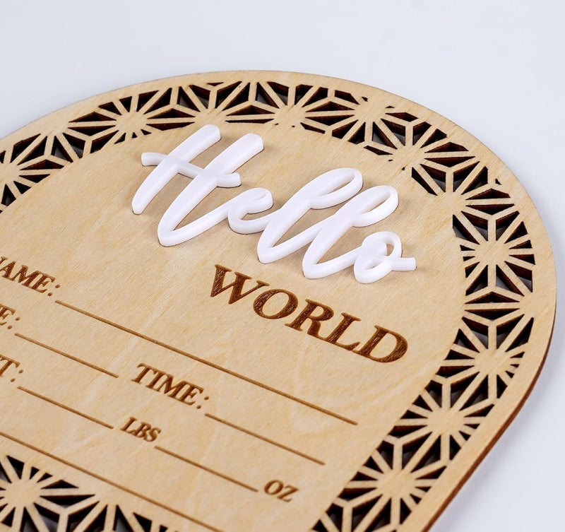HOUISM Bleed Proof Engineered Wood, 5.5 Inch Wooden Birth Announcement Sign with Easel Stand, 3D Arcylic Hello Sign, Newborn Announcement Plaque for Girl Boy Photo Prop Baby Shower Nursery Hospital - Birch - Image 2